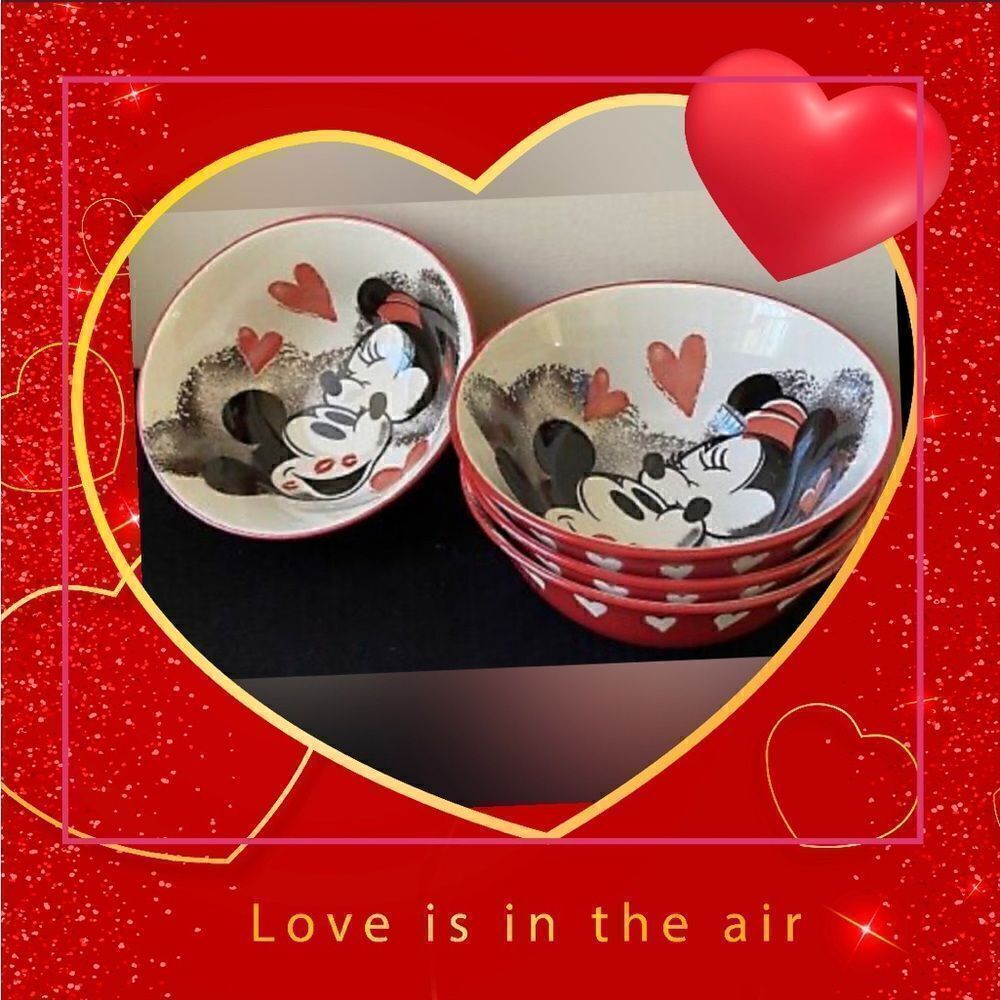 ❤️4 New Disney Mickey Minnie Mouse Valentines Hearts Love Kisses Tidbit Bowls 6" - Picture 1 of 7